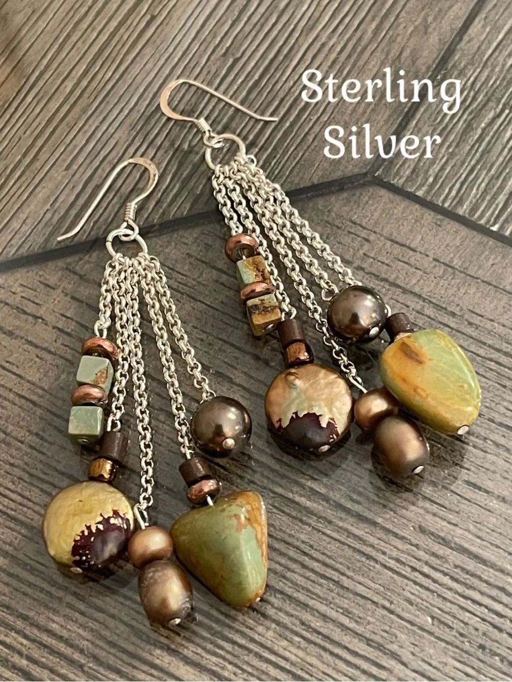 Sterling Silver Long Dangling Chain Earrings w/ Stones Coin Pearls & Faux Pearls